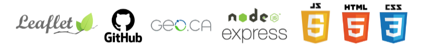 Logos for Leaflet, GitHub, Geo.ca, Node JS with Express, Javascript, HRML, and CSS presented horizontally on the page.